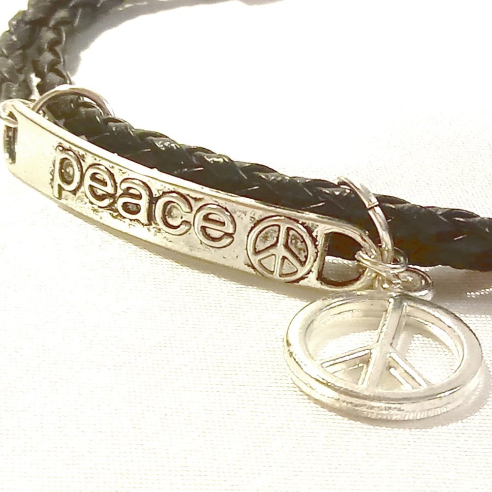 Peace Sign Black Leather Wrap Bracelet